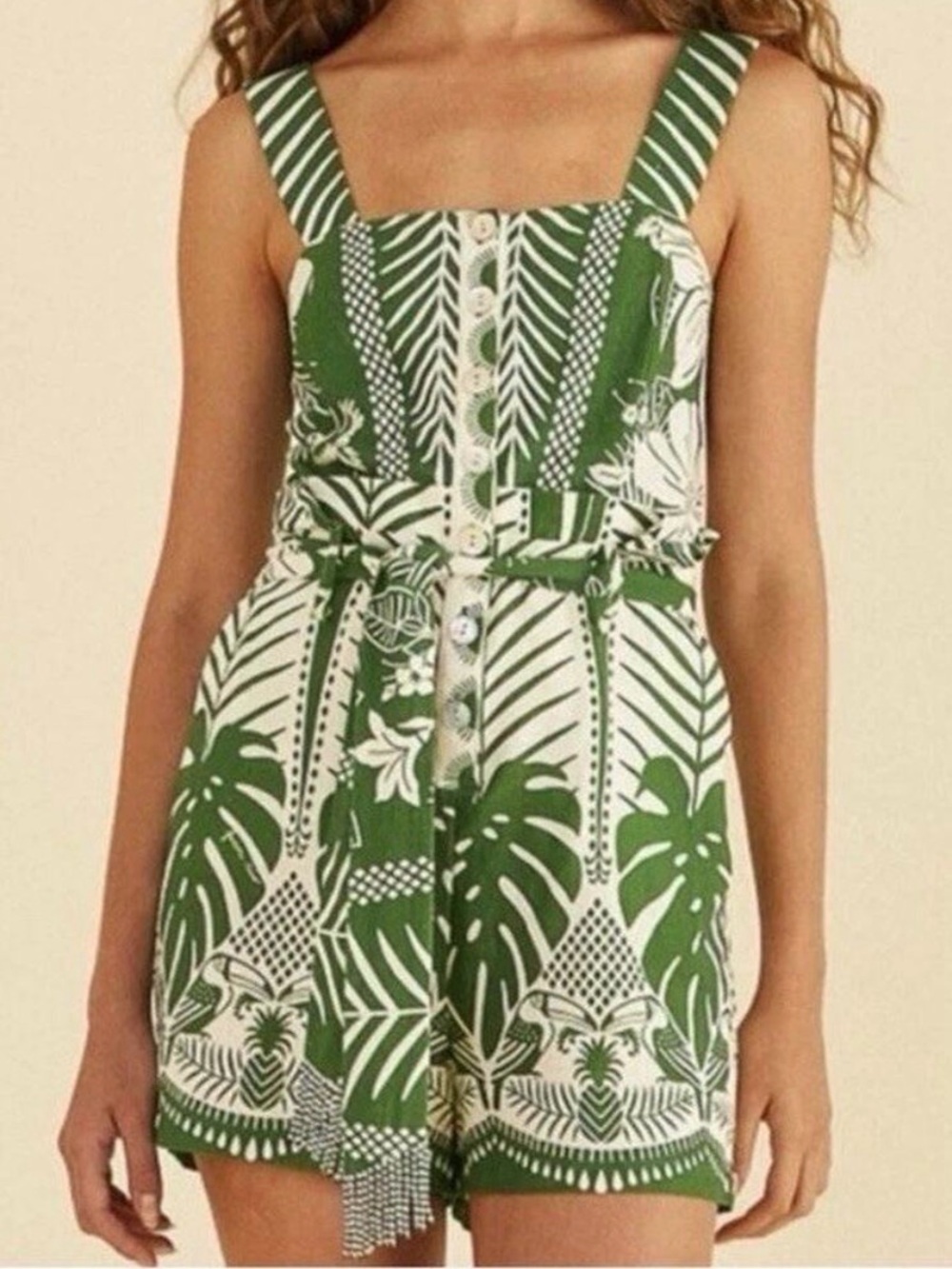 FARM Rio Green and White Tropical Print Button-Front Romper with Tie Waist